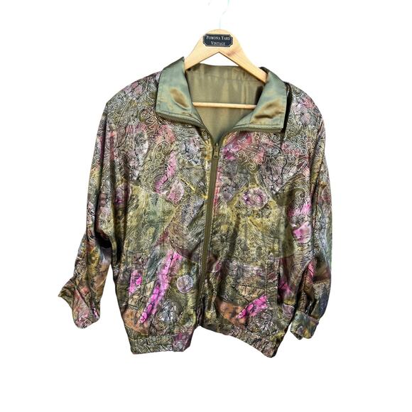 Rafael Women's 80s Reversible Satin Bomber Jacket Full Zip Green Floral Size 8 - Picture 1 of 9